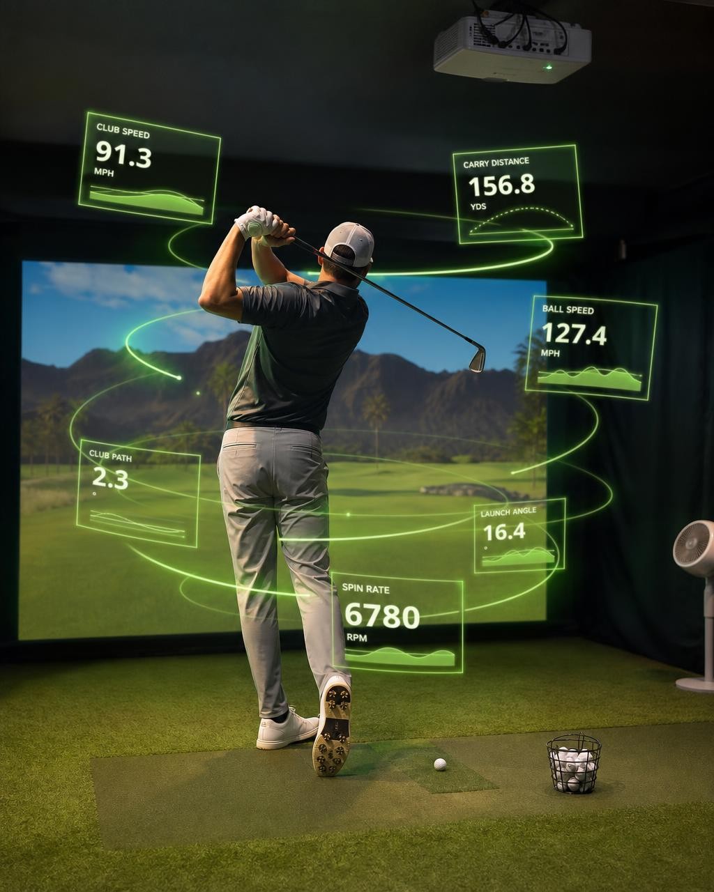 Player mid-swing in a bay with live club speed, carry distance, ball speed, launch angle and spin rate readouts